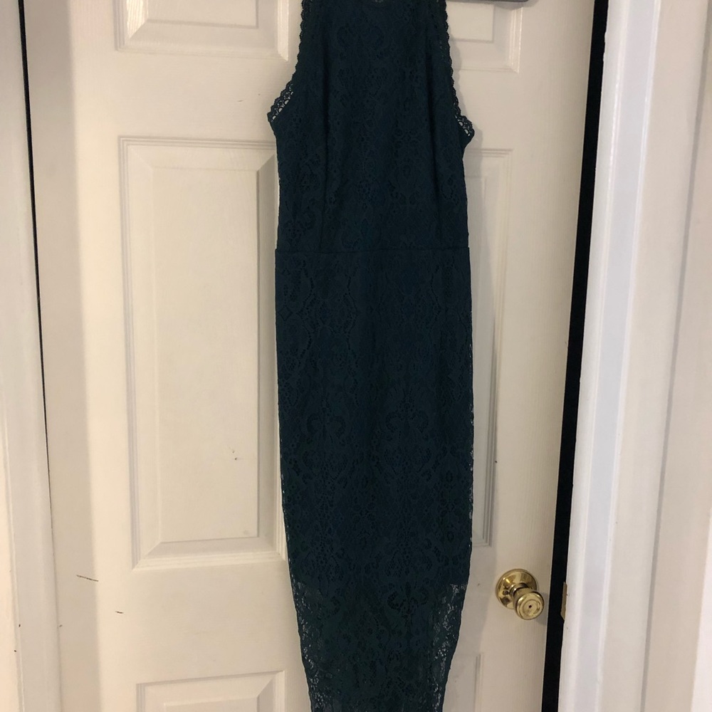 High Neck Green Lace Bodycon Midi Dress